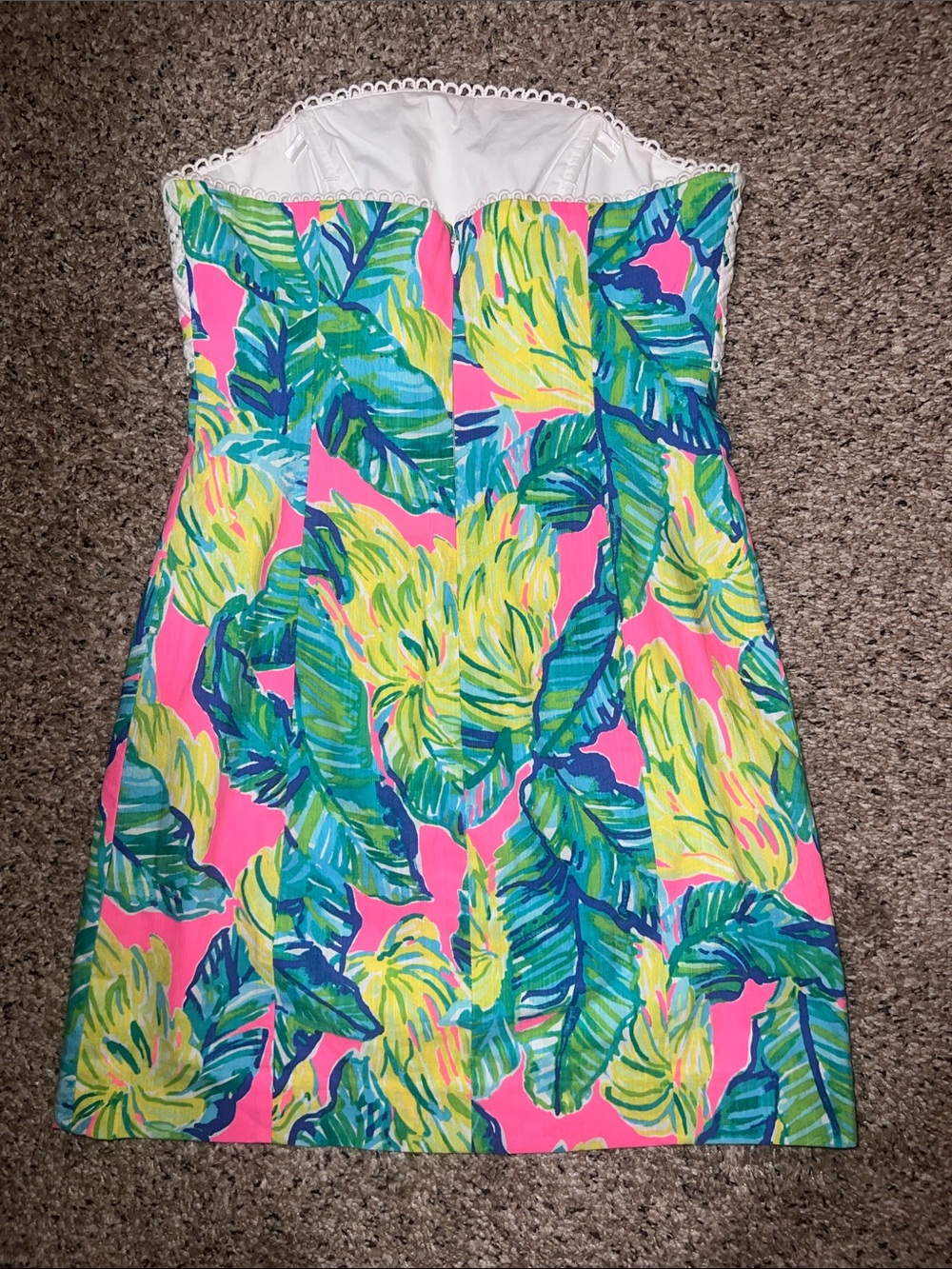 Lilly Pulitzer Strapless Pink Tropical Print Dress with White Lace Bodice - Picture 2 of 4